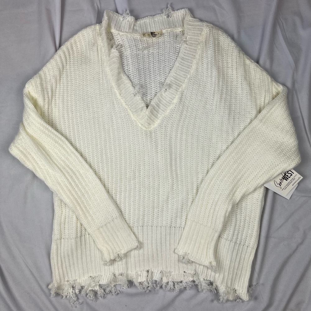 New Somewhere West Distressed V-Neck Sweater - Medium - Flawed